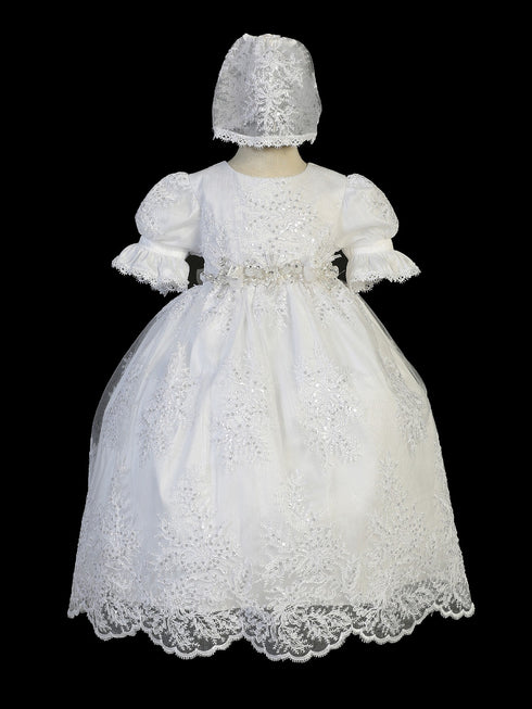 Tip Top Kids Baby Girls White Sequin Ropone Bonnet Baptism Gown 0-9M - SophiasStyle.com